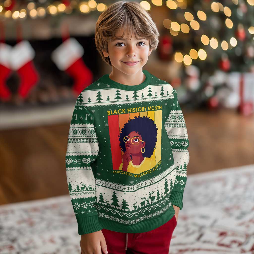 Black History Month Afro Woman Ugly Christmas Sweater Educated Melanated Elevated African American Empowerment TS02 Forest Green Beige Print Your Wear