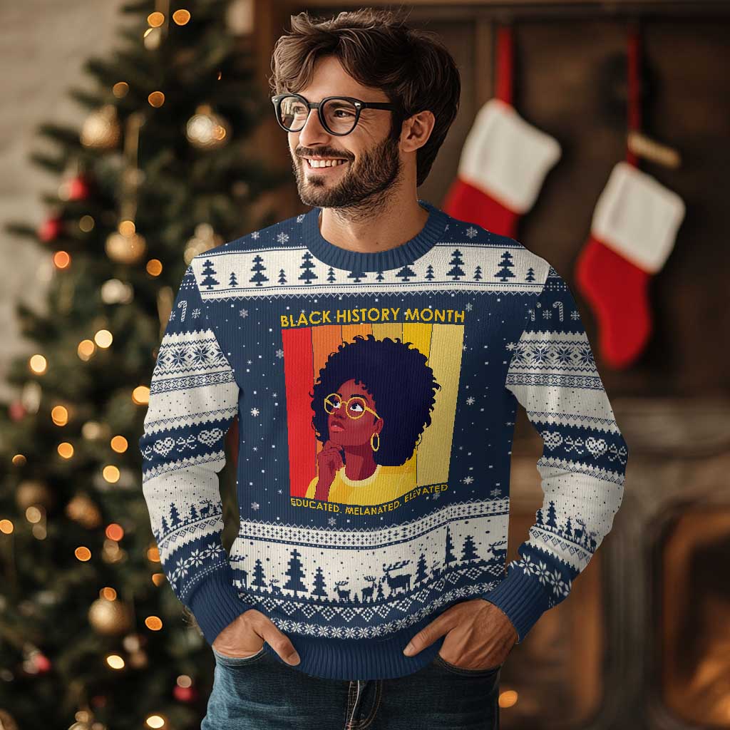 Black History Month Afro Woman Ugly Christmas Sweater Educated Melanated Elevated African American Empowerment TS02 Navy Beige Print Your Wear