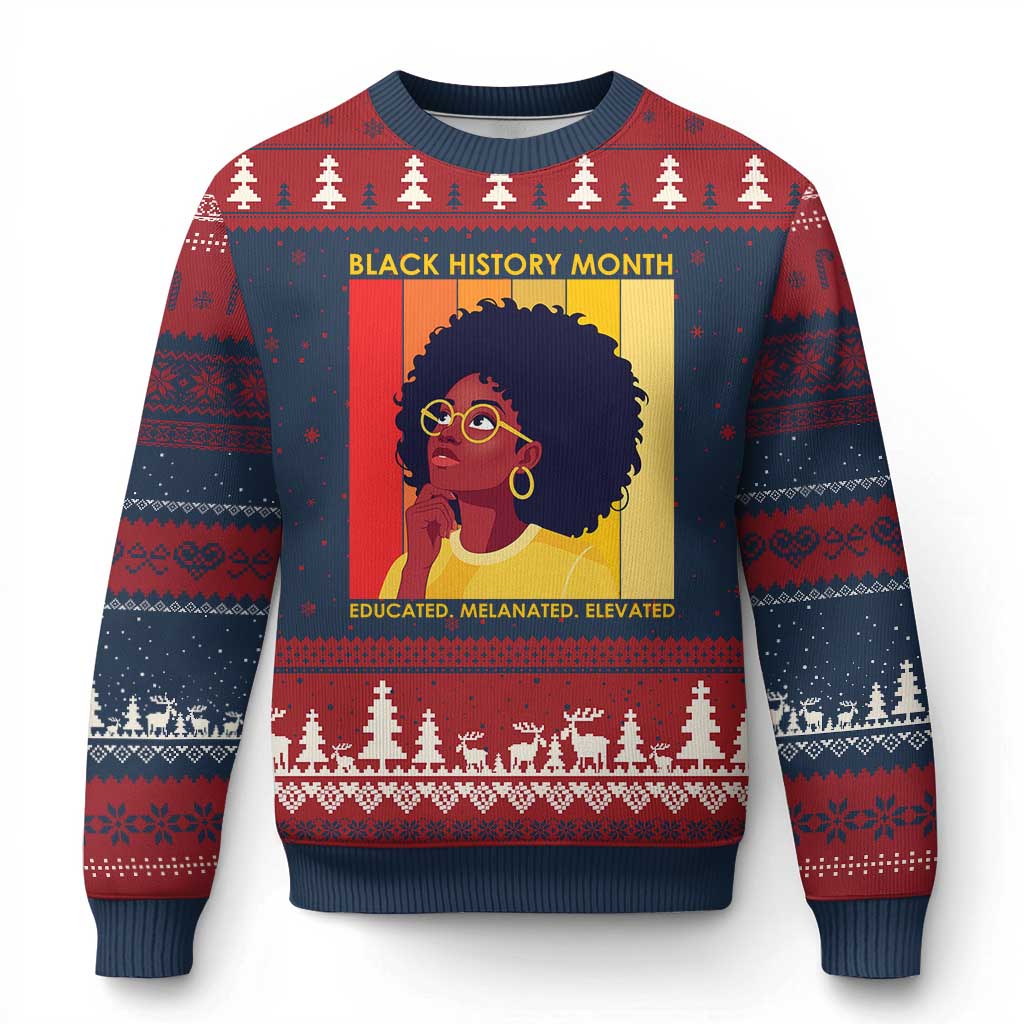 Black History Month Afro Woman Ugly Christmas Sweater Educated Melanated Elevated African American Empowerment TS02 Navy Red Print Your Wear