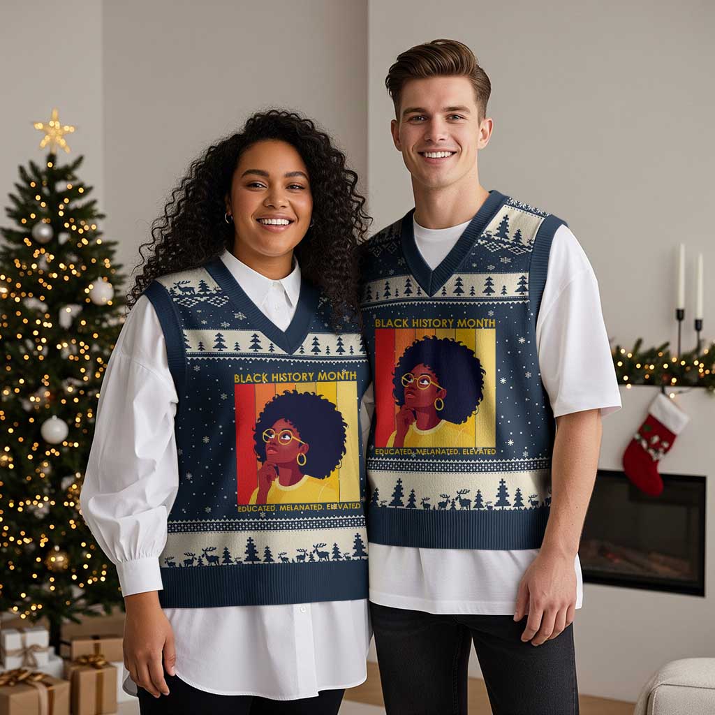 Black History Month Afro Woman V-Neck Knit Sweater Vest Educated Melanated Elevated African American Empowerment TS02 Navy Beige Print Your Wear