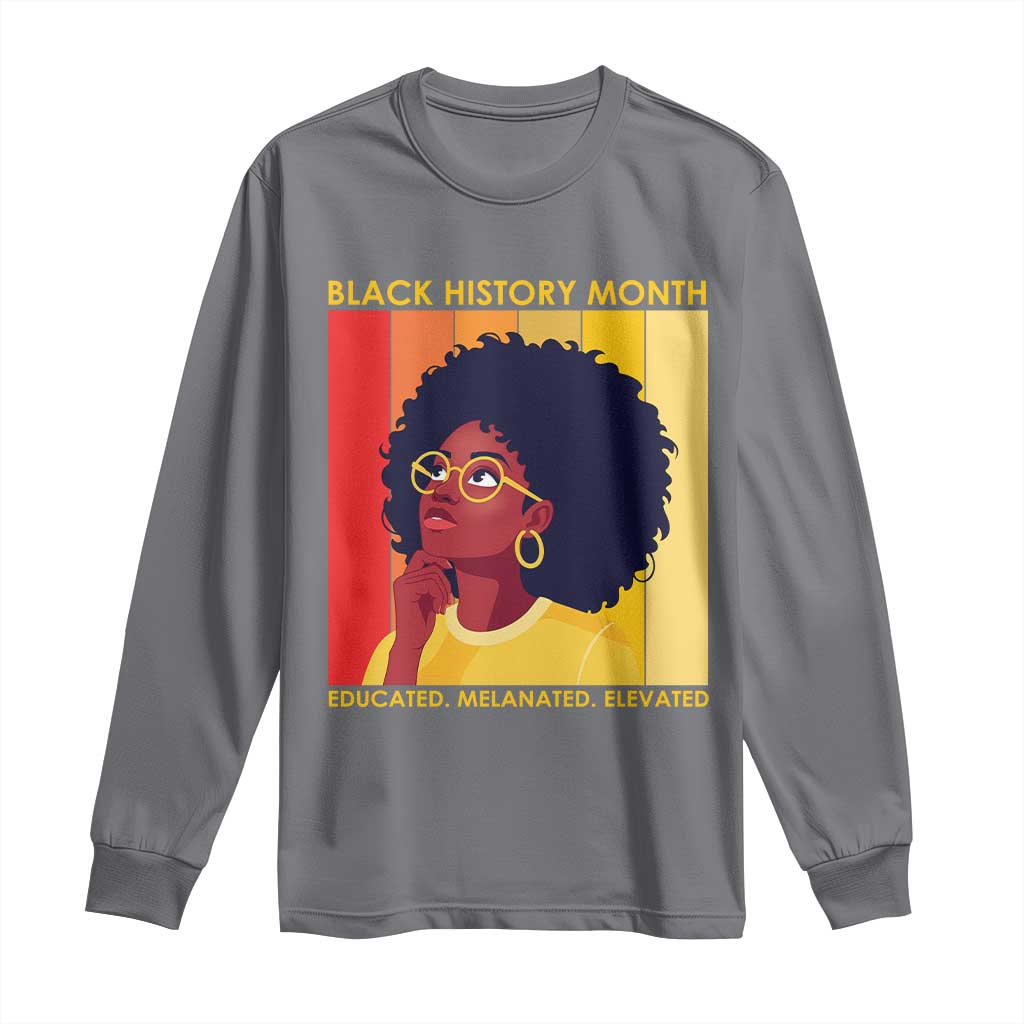 Black History Month Afro Woman Long Sleeve Shirt Educated Melanated Elevated African American Empowerment TS02 Charcoal Print Your Wear
