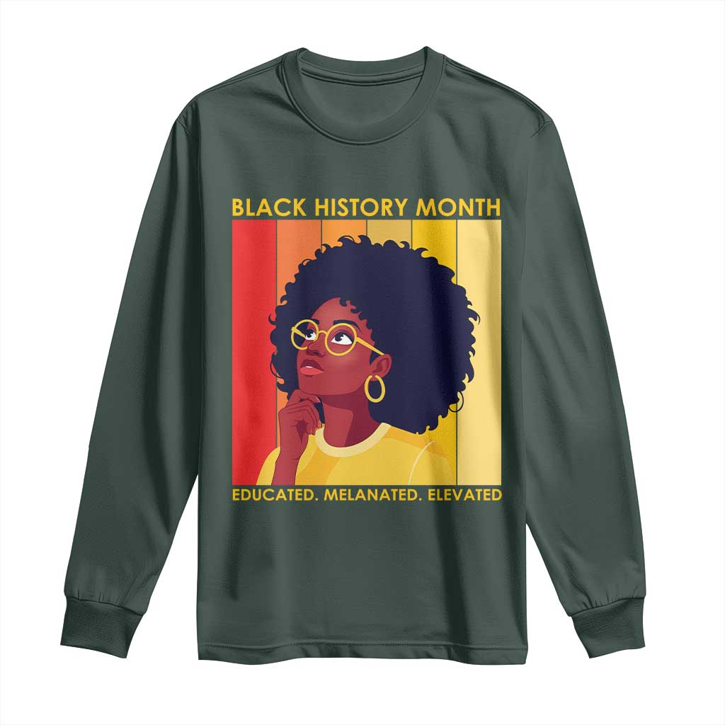 Black History Month Afro Woman Long Sleeve Shirt Educated Melanated Elevated African American Empowerment TS02 Dark Forest Green Print Your Wear
