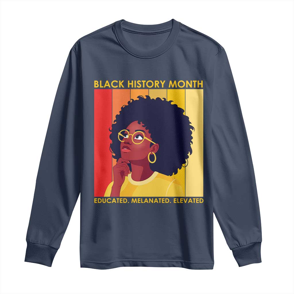 Black History Month Afro Woman Long Sleeve Shirt Educated Melanated Elevated African American Empowerment TS02 Navy Print Your Wear