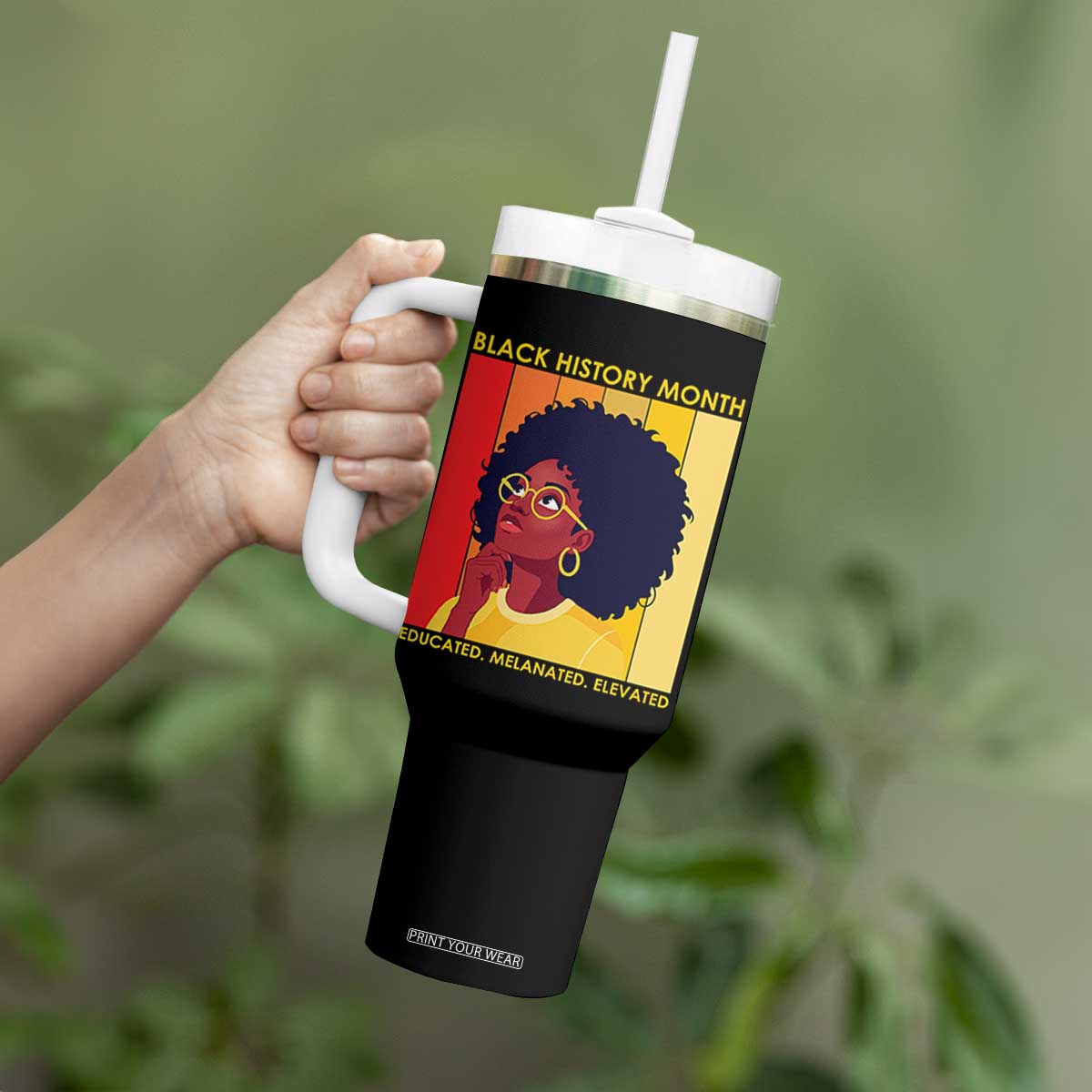 Black History Month Afro Woman Tumbler With Handle Educated Melanated Elevated African American Empowerment TS02 Print Your Wear
