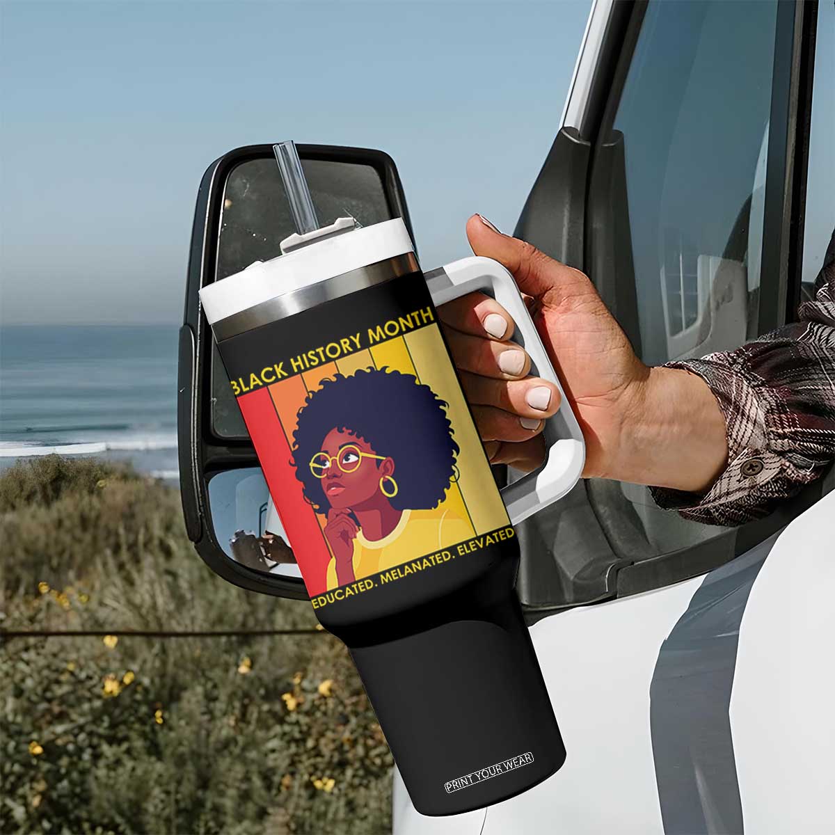 Black History Month Afro Woman Tumbler With Handle Educated Melanated Elevated African American Empowerment TS02 Print Your Wear