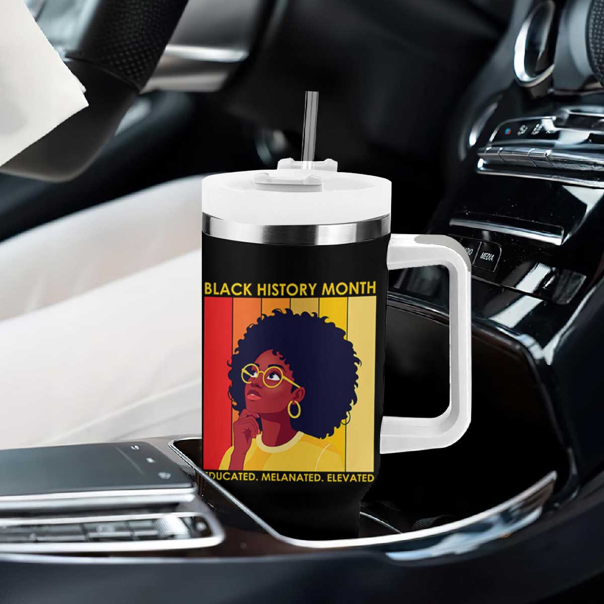 Black History Month Afro Woman Tumbler With Handle Educated Melanated Elevated African American Empowerment TS02 Print Your Wear