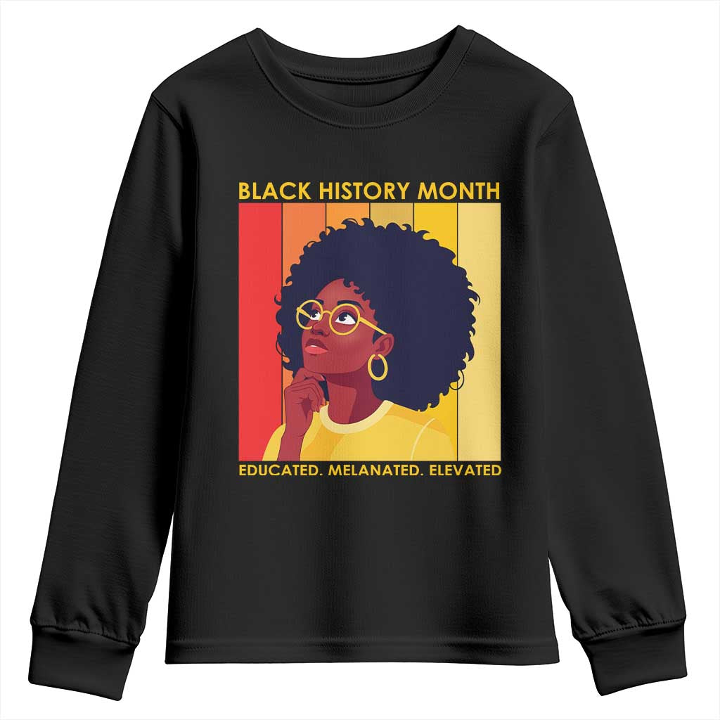 Black History Month Afro Woman Youth Sweatshirt Educated Melanated Elevated African American Empowerment TS02 Black Print Your Wear