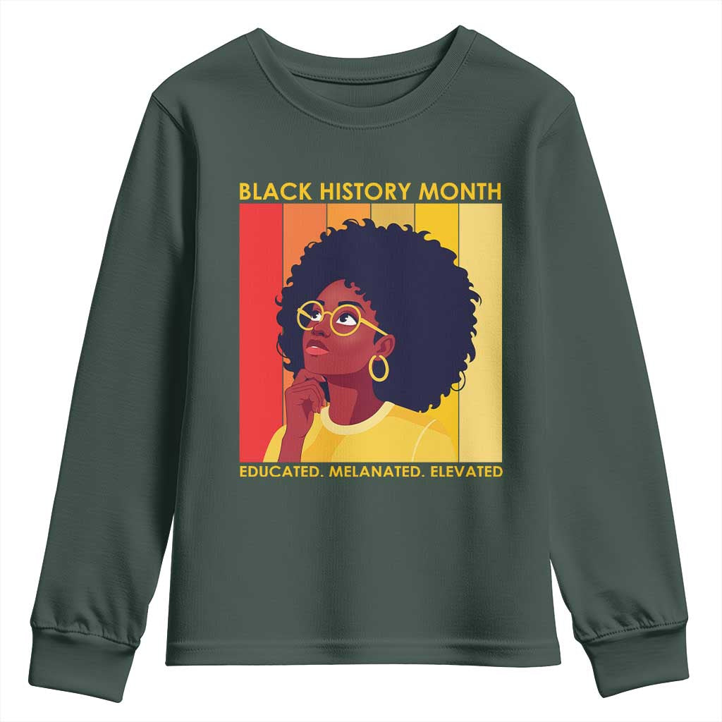 Black History Month Afro Woman Youth Sweatshirt Educated Melanated Elevated African American Empowerment TS02 Dark Forest Green Print Your Wear