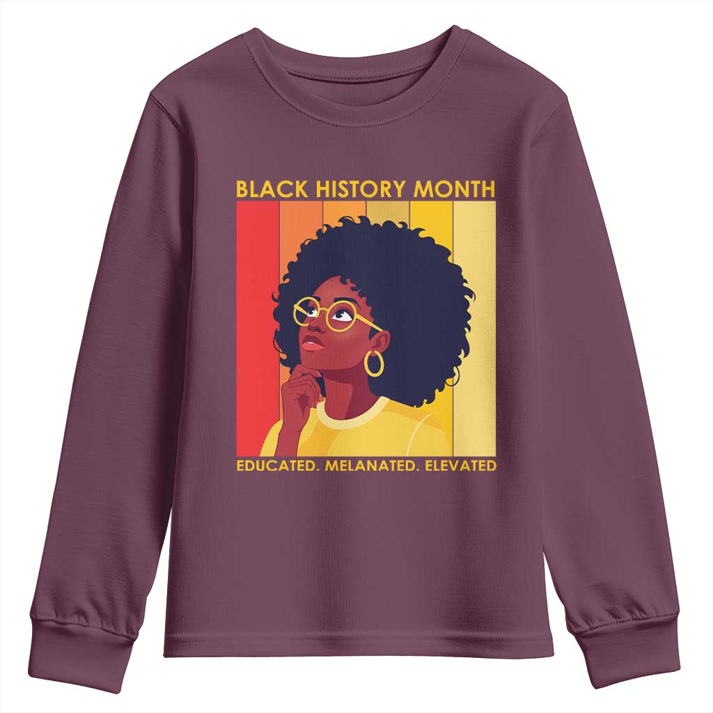 Black History Month Afro Woman Youth Sweatshirt Educated Melanated Elevated African American Empowerment TS02 Maroon Print Your Wear