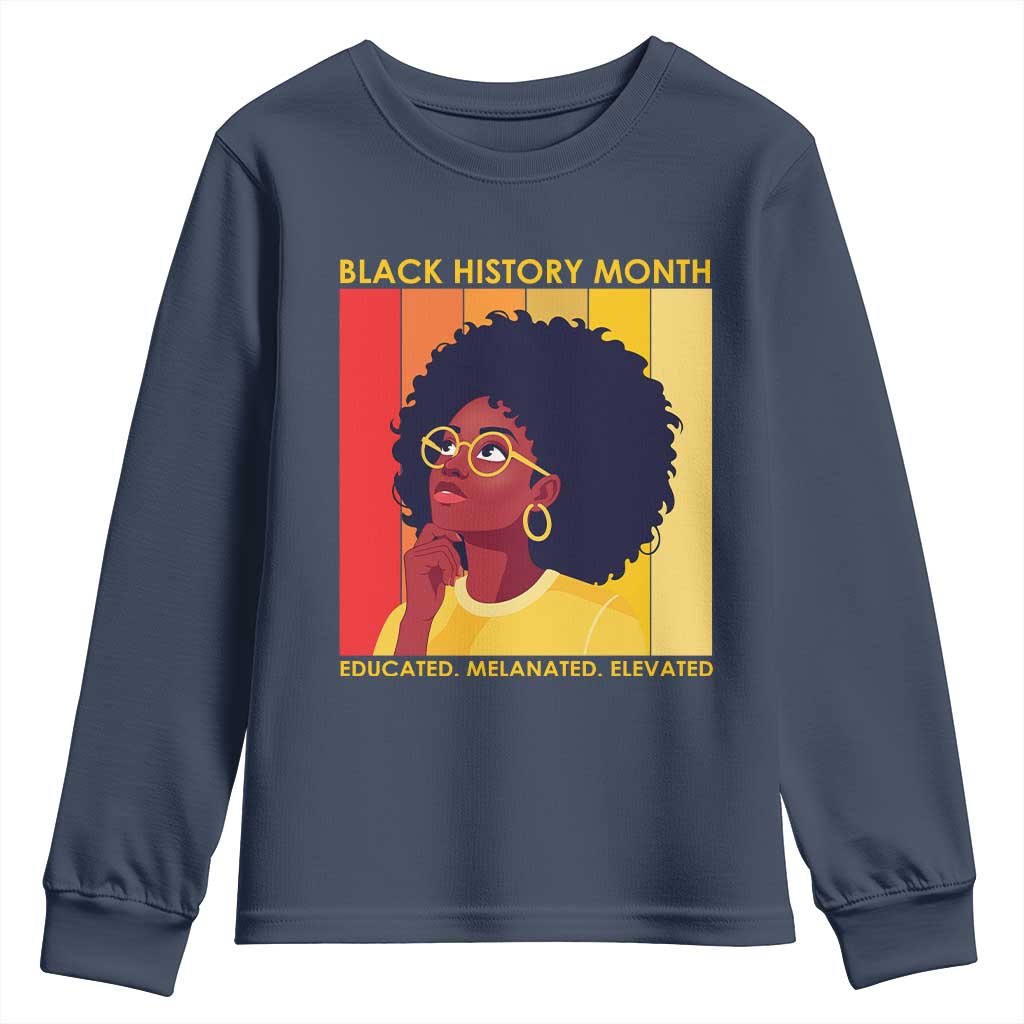 Black History Month Afro Woman Youth Sweatshirt Educated Melanated Elevated African American Empowerment TS02 Navy Print Your Wear