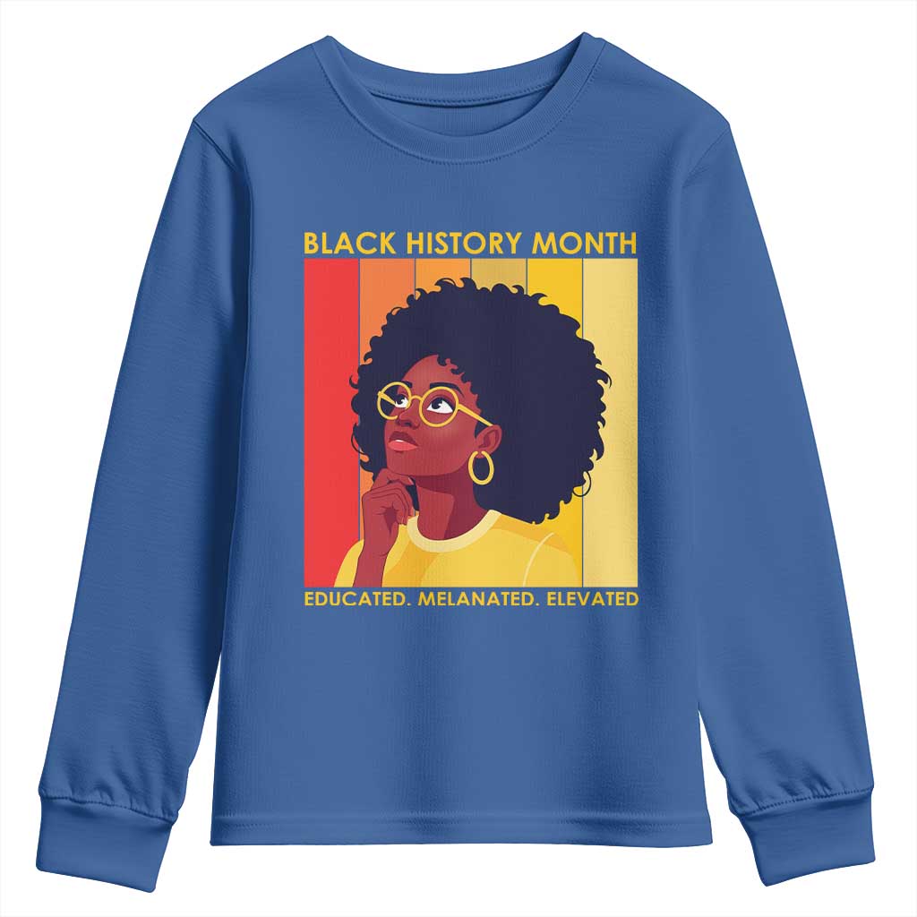 Black History Month Afro Woman Youth Sweatshirt Educated Melanated Elevated African American Empowerment TS02 Royal Blue Print Your Wear