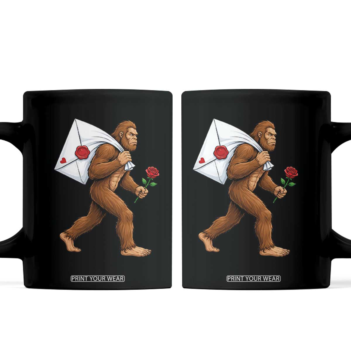 Funny Valentine Bigfoot with Heart Sack Bag Coffee Mug Romantic Sasquatch Love Letter Valentines Day TS02 Black Print Your Wear