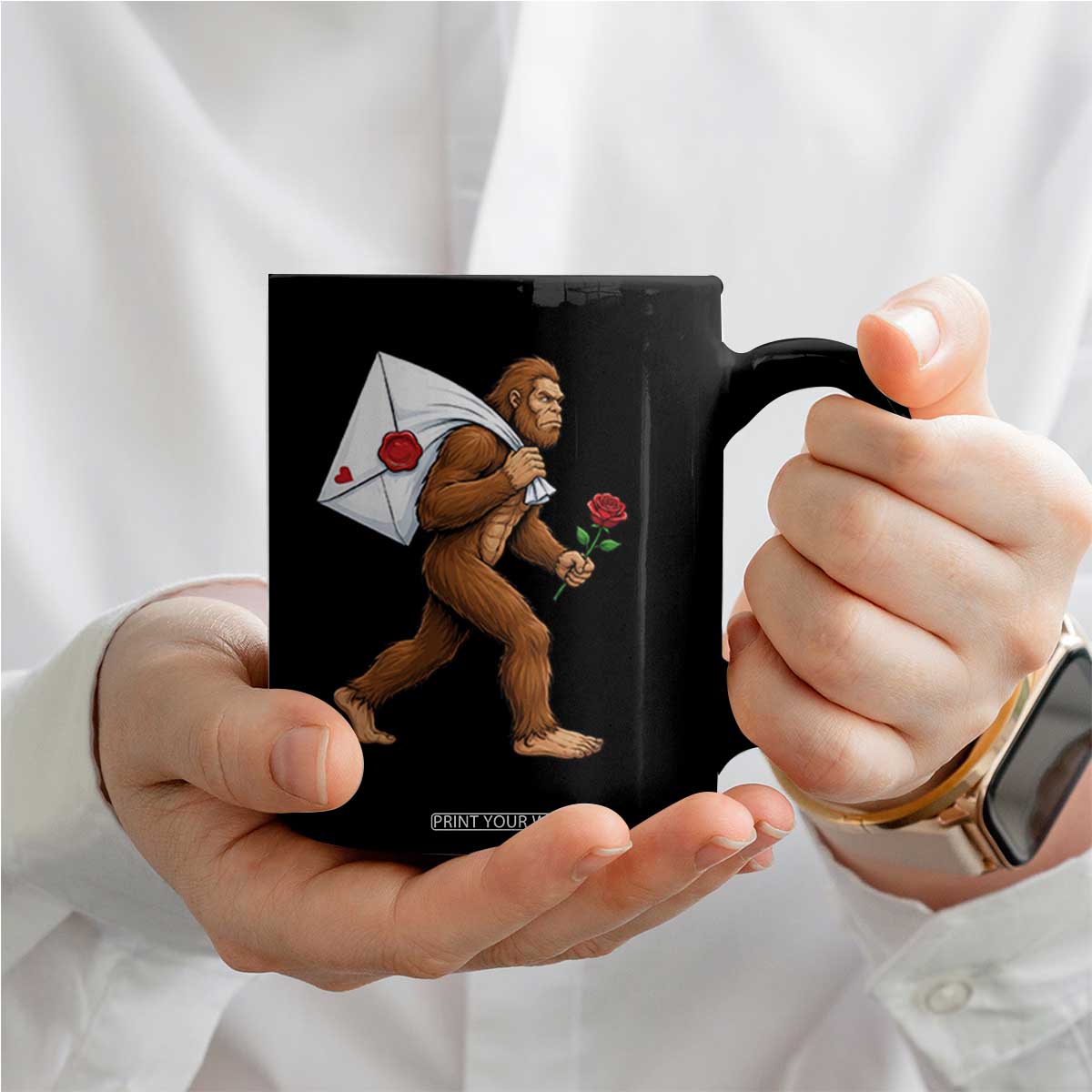 Funny Valentine Bigfoot with Heart Sack Bag Coffee Mug Romantic Sasquatch Love Letter Valentines Day TS02 Print Your Wear