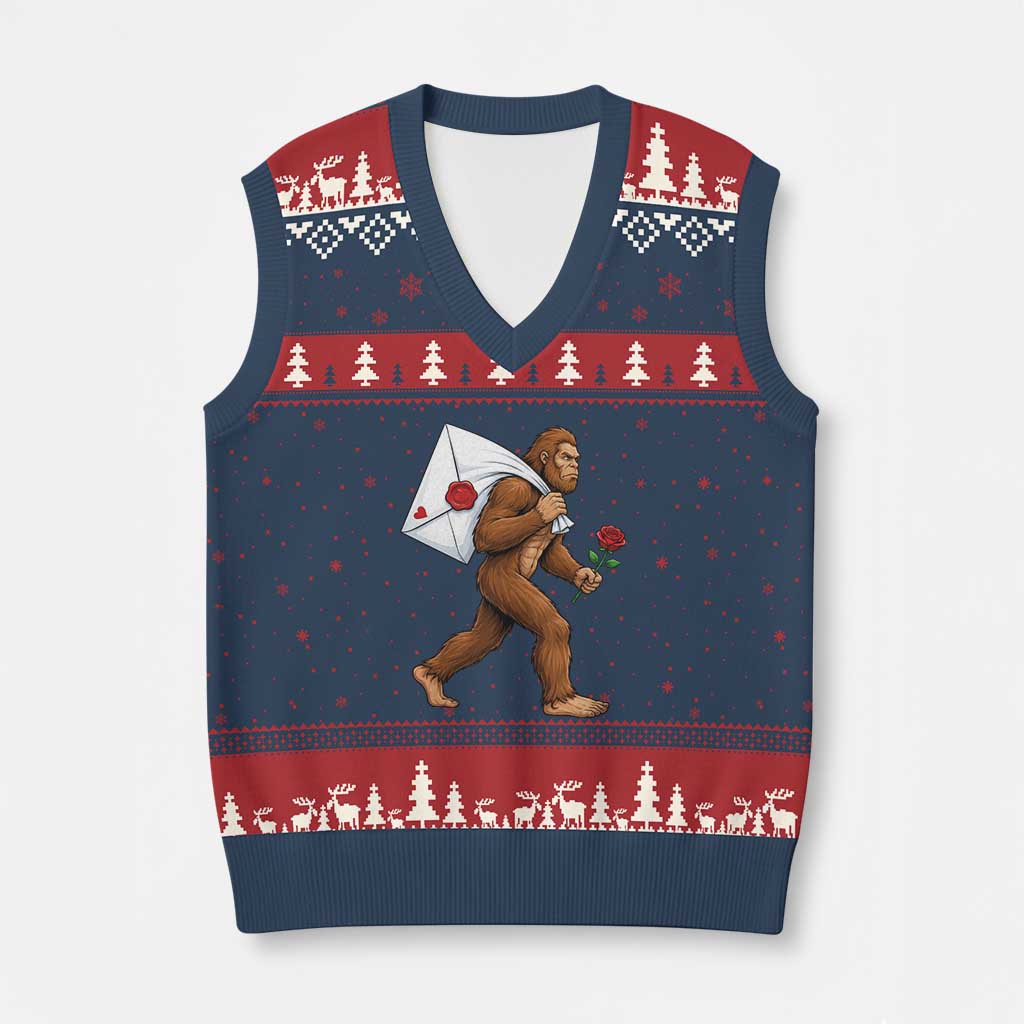 Funny Valentine Bigfoot with Heart Sack Bag V-Neck Knit Sweater Vest Romantic Sasquatch Love Letter Valentines Day TS02 Navy Red Print Your Wear