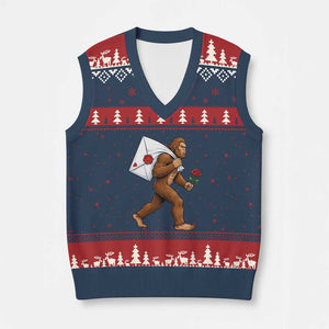 Funny Valentine Bigfoot with Heart Sack Bag V-Neck Knit Sweater Vest Romantic Sasquatch Love Letter Valentines Day TS02 Navy Red Print Your Wear