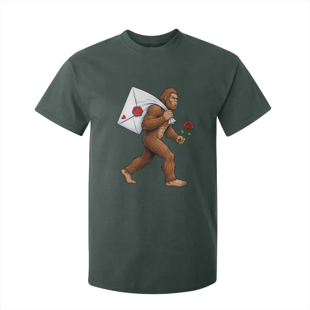Funny Valentine Bigfoot with Heart Sack Bag T Shirt For Kid Romantic Sasquatch Love Letter Valentines Day TS02 Dark Forest Green Print Your Wear