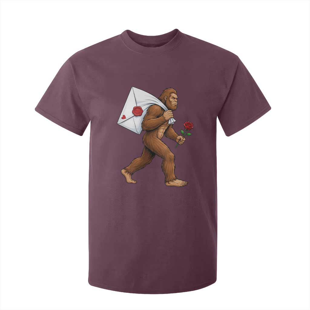 Funny Valentine Bigfoot with Heart Sack Bag T Shirt For Kid Romantic Sasquatch Love Letter Valentines Day TS02 Maroon Print Your Wear