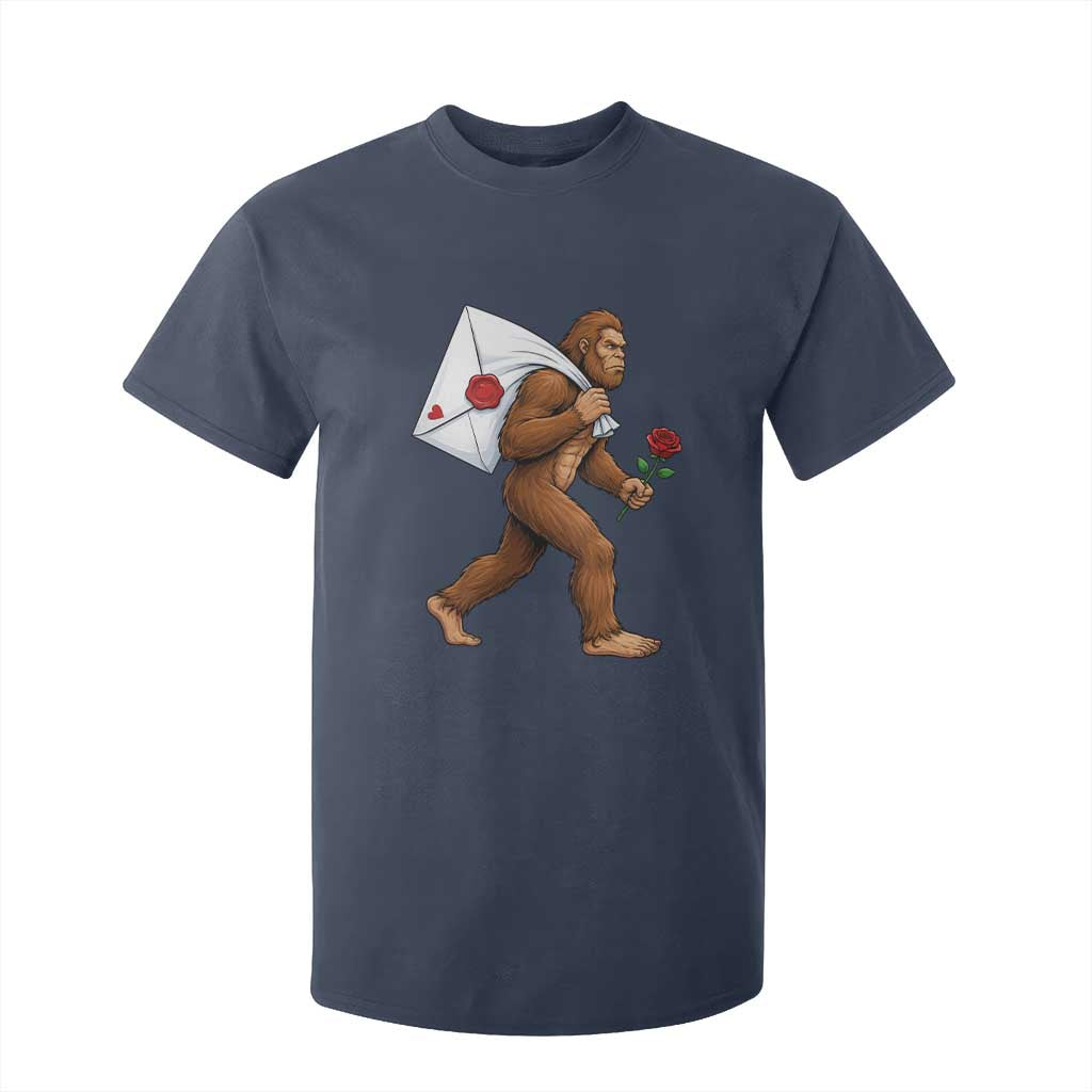 Funny Valentine Bigfoot with Heart Sack Bag T Shirt For Kid Romantic Sasquatch Love Letter Valentines Day TS02 Navy Print Your Wear