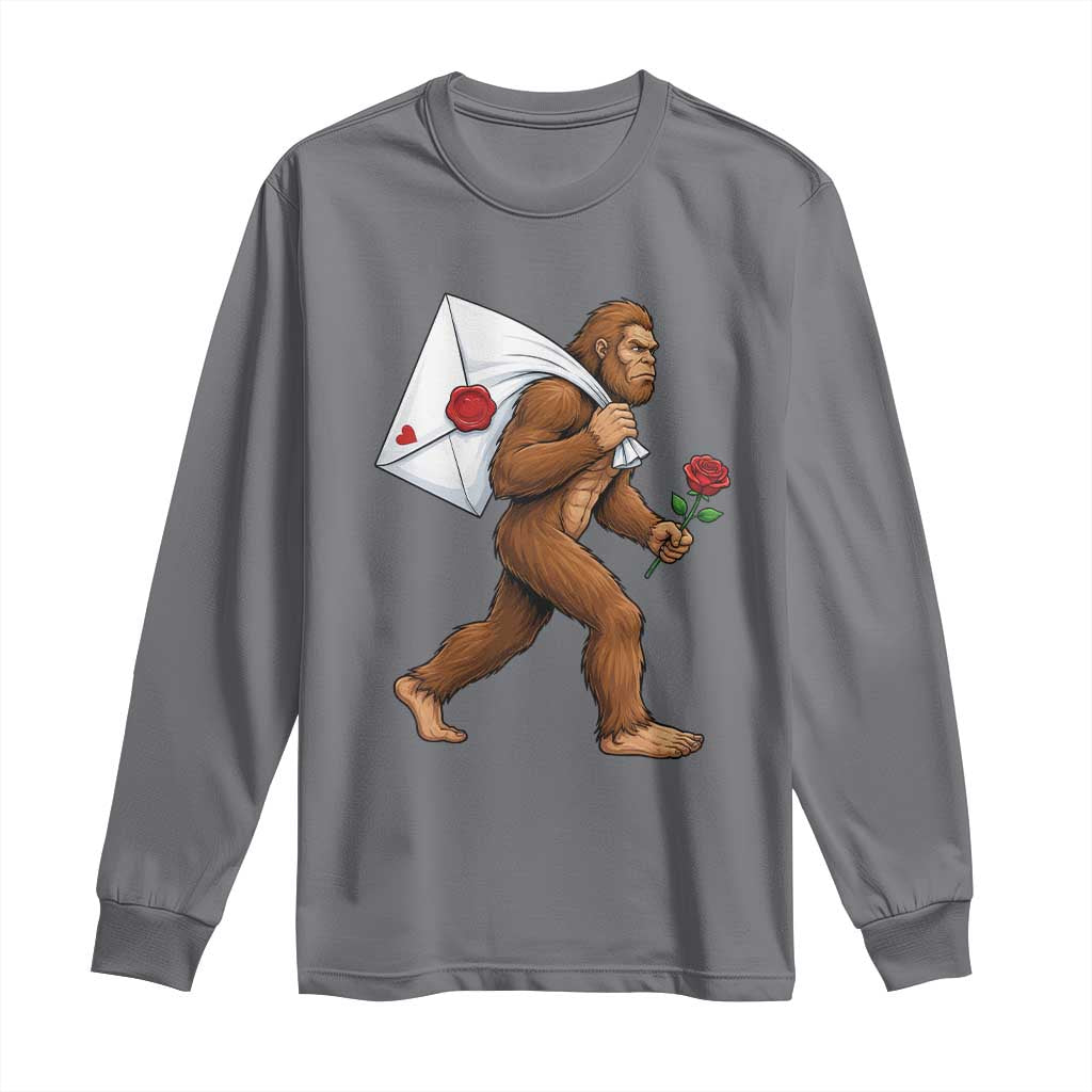Funny Valentine Bigfoot with Heart Sack Bag Long Sleeve Shirt Romantic Sasquatch Love Letter Valentines Day TS02 Charcoal Print Your Wear