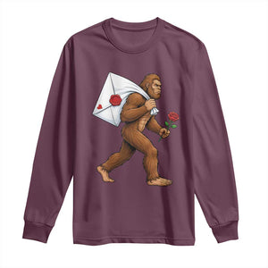 Funny Valentine Bigfoot with Heart Sack Bag Long Sleeve Shirt Romantic Sasquatch Love Letter Valentines Day TS02 Maroon Print Your Wear