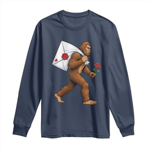 Funny Valentine Bigfoot with Heart Sack Bag Long Sleeve Shirt Romantic Sasquatch Love Letter Valentines Day TS02 Navy Print Your Wear