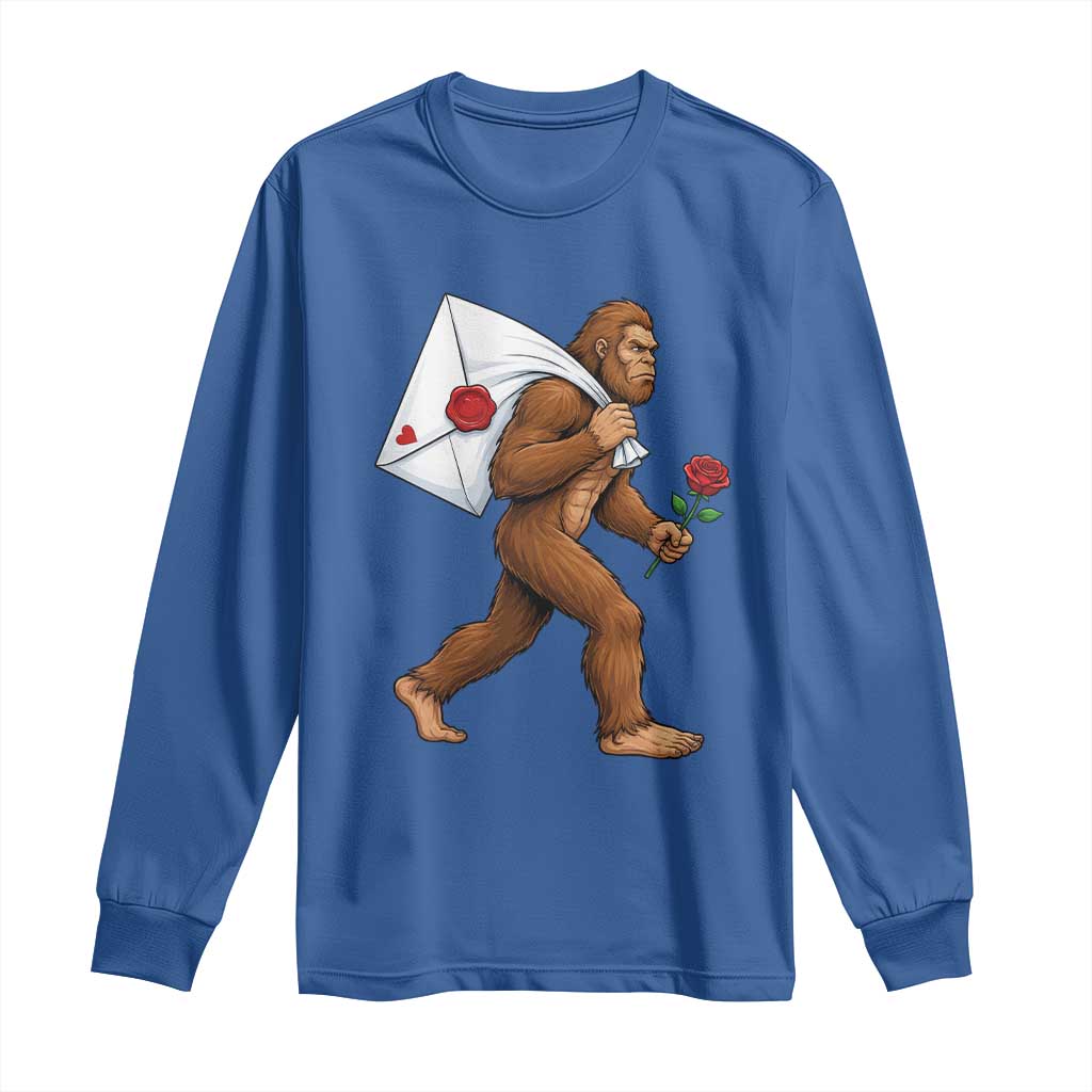 Funny Valentine Bigfoot with Heart Sack Bag Long Sleeve Shirt Romantic Sasquatch Love Letter Valentines Day TS02 Royal Blue Print Your Wear