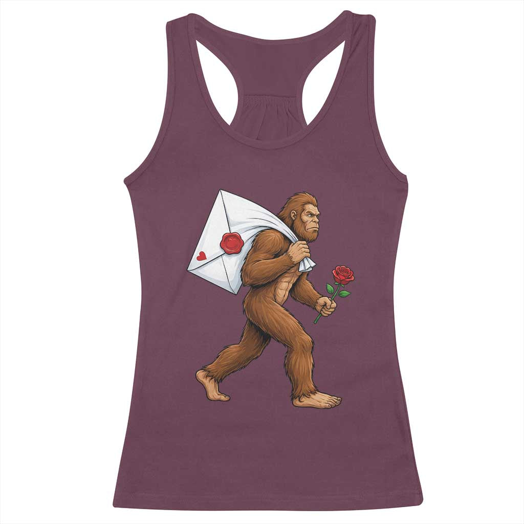 Funny Valentine Bigfoot with Heart Sack Bag Racerback Tank Top Romantic Sasquatch Love Letter Valentines Day TS02 Maroon Print Your Wear