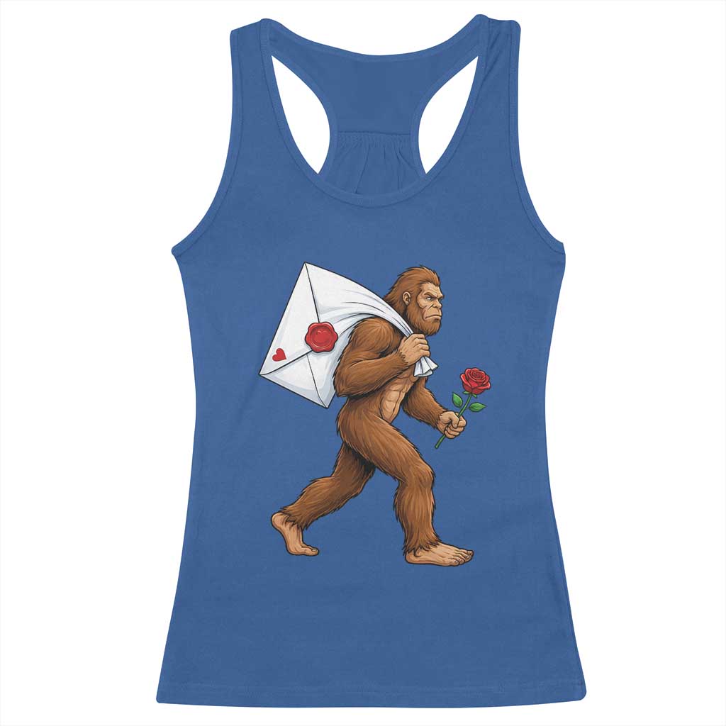 Funny Valentine Bigfoot with Heart Sack Bag Racerback Tank Top Romantic Sasquatch Love Letter Valentines Day TS02 Royal Blue Print Your Wear