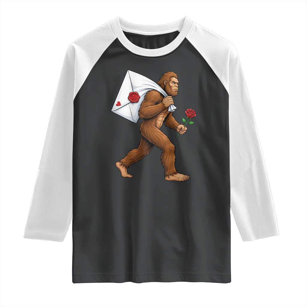 Funny Valentine Bigfoot with Heart Sack Bag Raglan Shirt Romantic Sasquatch Love Letter Valentines Day TS02 Black White Print Your Wear