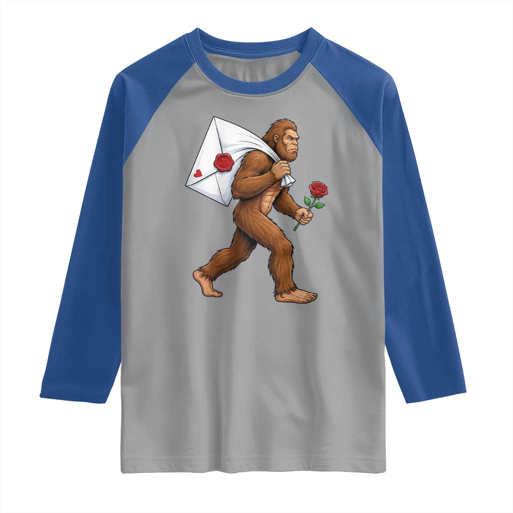 Funny Valentine Bigfoot with Heart Sack Bag Raglan Shirt Romantic Sasquatch Love Letter Valentines Day TS02 Sport Gray Royal Print Your Wear