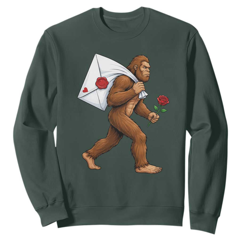 Funny Valentine Bigfoot with Heart Sack Bag Sweatshirt Romantic Sasquatch Love Letter Valentines Day TS02 Dark Forest Green Print Your Wear