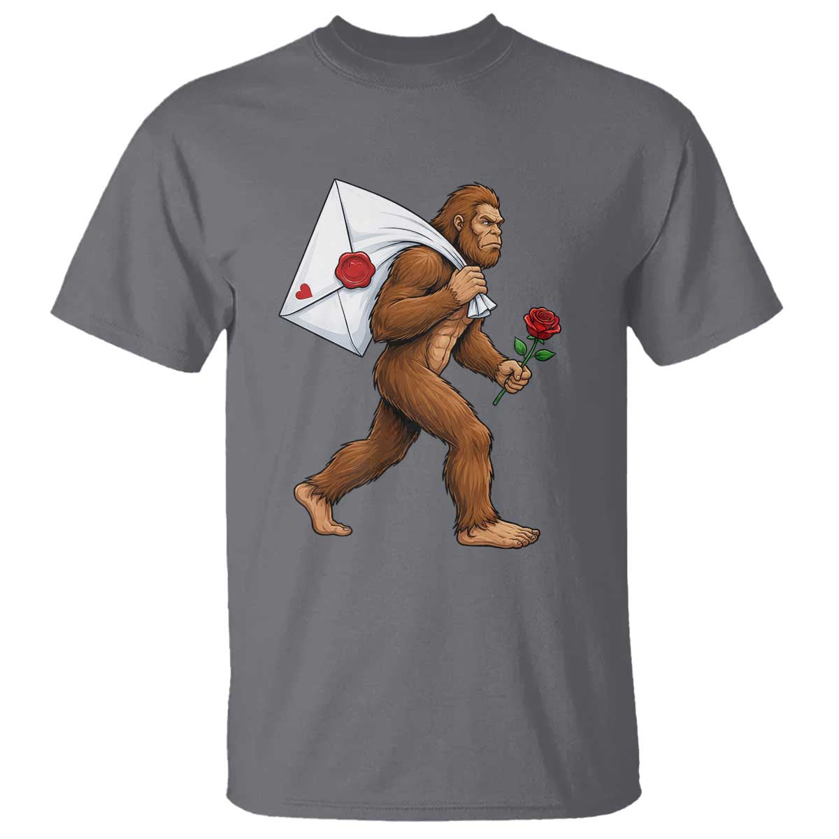 Funny Valentine Bigfoot with Heart Sack Bag T Shirt Romantic Sasquatch Love Letter Valentines Day TS02 Charcoal Print Your Wear