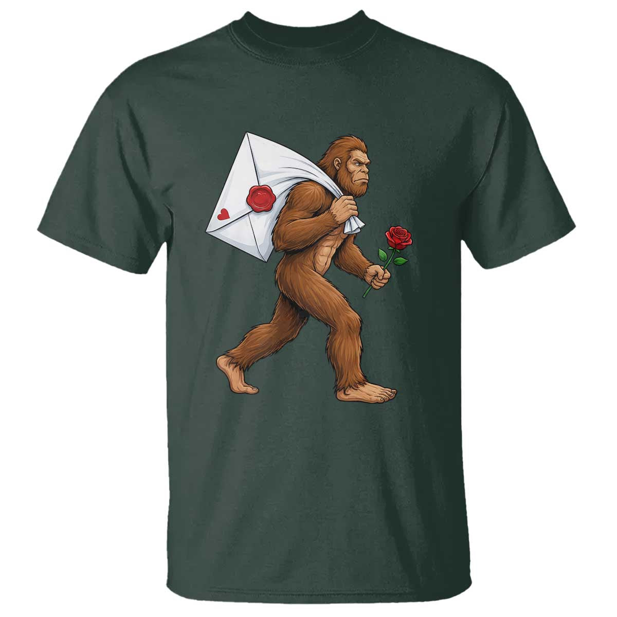 Funny Valentine Bigfoot with Heart Sack Bag T Shirt Romantic Sasquatch Love Letter Valentines Day TS02 Dark Forest Green Print Your Wear