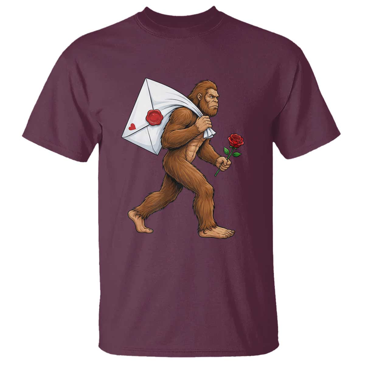 Funny Valentine Bigfoot with Heart Sack Bag T Shirt Romantic Sasquatch Love Letter Valentines Day TS02 Maroon Print Your Wear