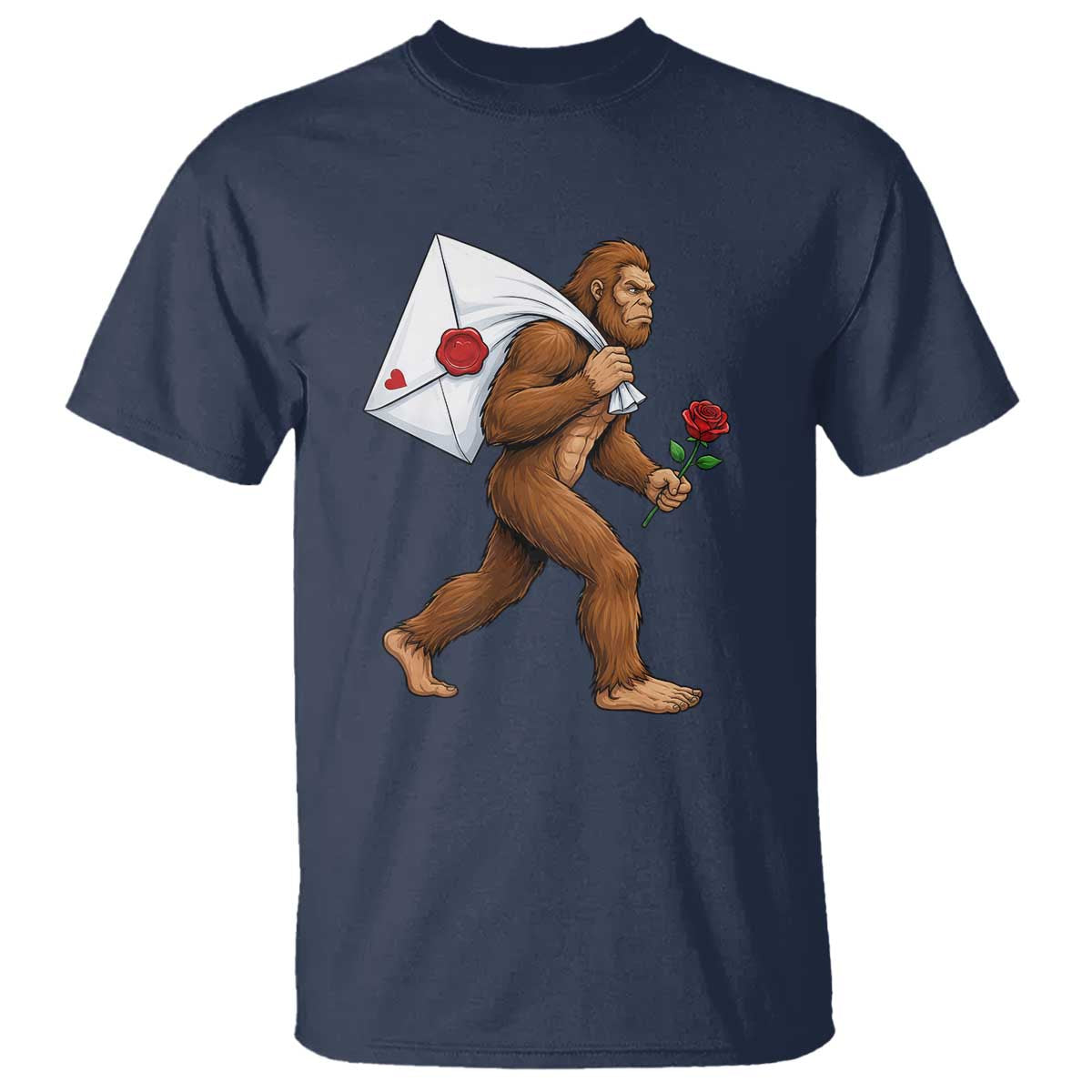 Funny Valentine Bigfoot with Heart Sack Bag T Shirt Romantic Sasquatch Love Letter Valentines Day TS02 Navy Print Your Wear