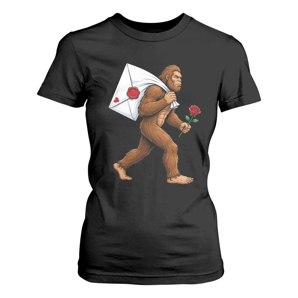 Funny Valentine Bigfoot with Heart Sack Bag T Shirt For Women Romantic Sasquatch Love Letter Valentines Day TS02 Black Print Your Wear