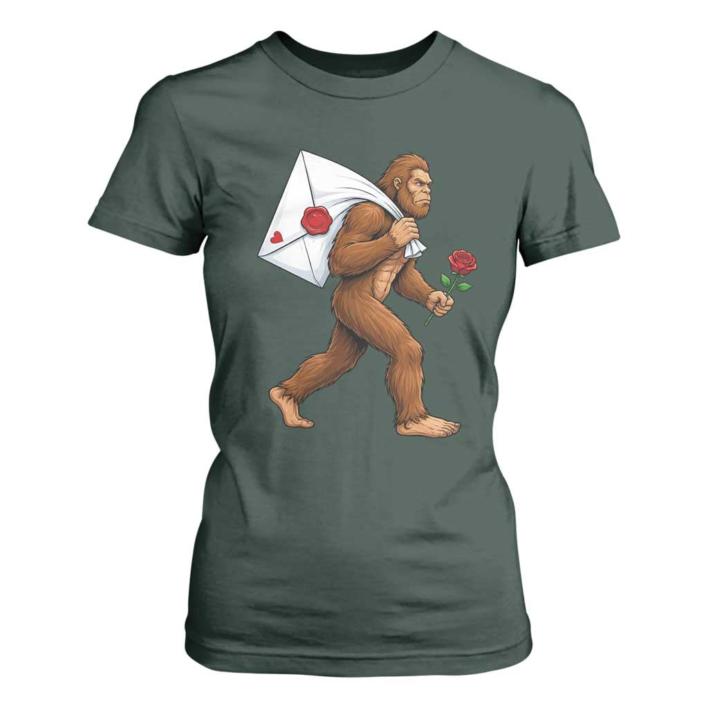 Funny Valentine Bigfoot with Heart Sack Bag T Shirt For Women Romantic Sasquatch Love Letter Valentines Day TS02 Dark Forest Green Print Your Wear