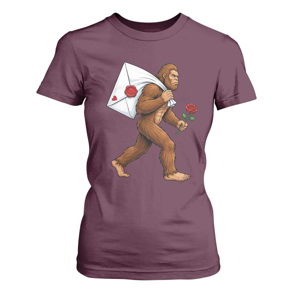 Funny Valentine Bigfoot with Heart Sack Bag T Shirt For Women Romantic Sasquatch Love Letter Valentines Day TS02 Maroon Print Your Wear