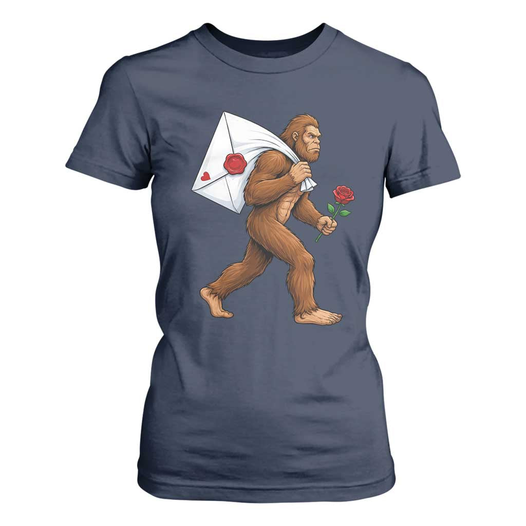 Funny Valentine Bigfoot with Heart Sack Bag T Shirt For Women Romantic Sasquatch Love Letter Valentines Day TS02 Navy Print Your Wear