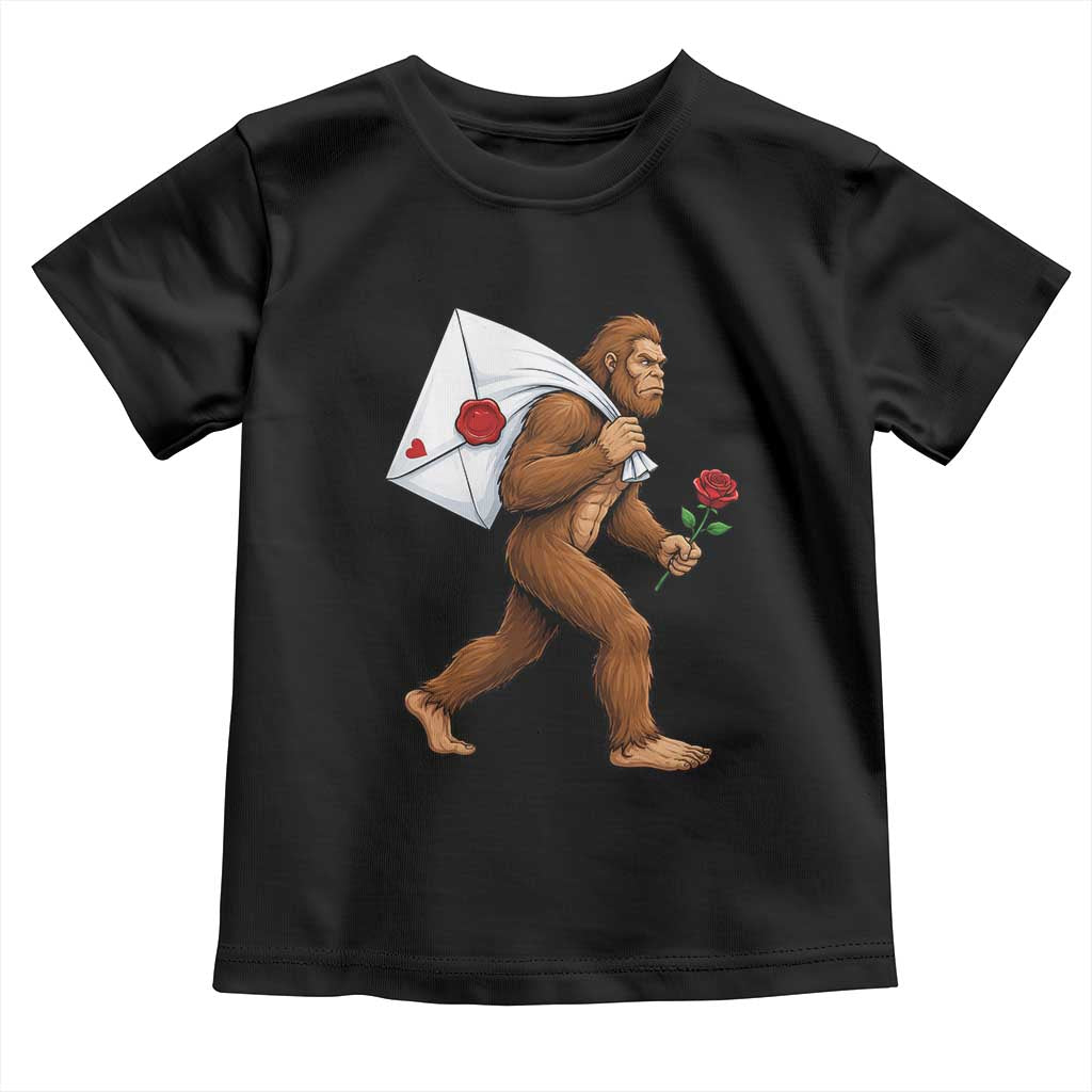 Funny Valentine Bigfoot with Heart Sack Bag Toddler T Shirt Romantic Sasquatch Love Letter Valentines Day TS02 Black Print Your Wear