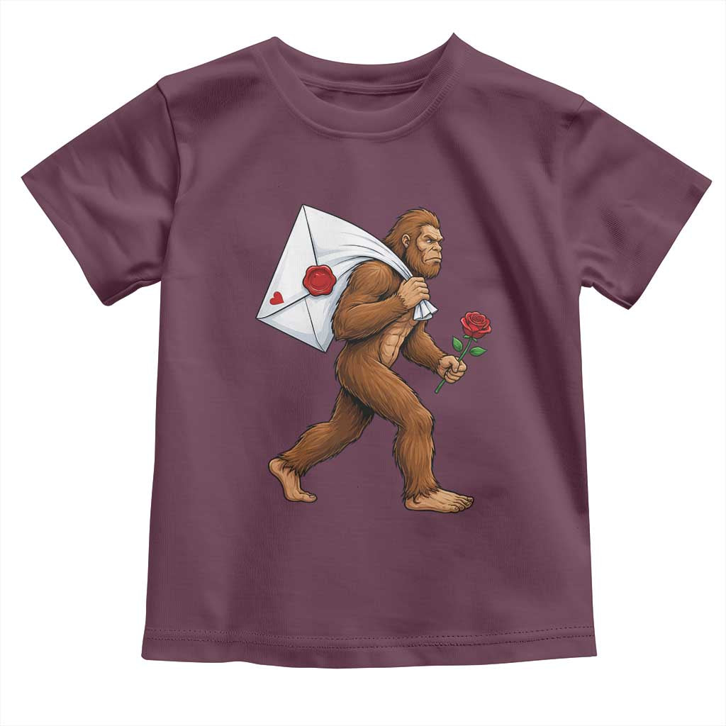 Funny Valentine Bigfoot with Heart Sack Bag Toddler T Shirt Romantic Sasquatch Love Letter Valentines Day TS02 Maroon Print Your Wear