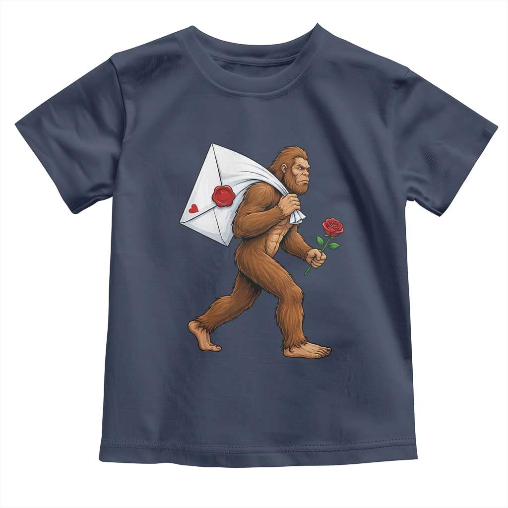 Funny Valentine Bigfoot with Heart Sack Bag Toddler T Shirt Romantic Sasquatch Love Letter Valentines Day TS02 Navy Print Your Wear