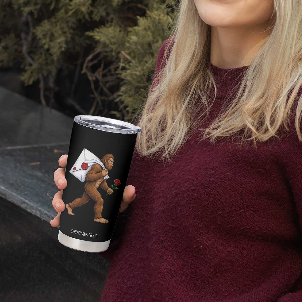Funny Valentine Bigfoot with Heart Sack Bag Tumbler Cup Romantic Sasquatch Love Letter Valentines Day TS02 Print Your Wear