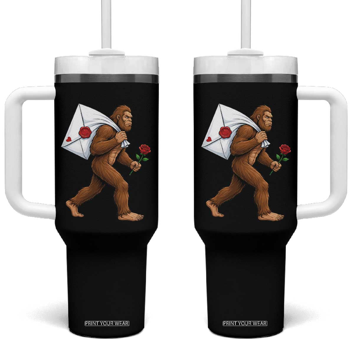 Funny Valentine Bigfoot with Heart Sack Bag Tumbler With Handle Romantic Sasquatch Love Letter Valentines Day TS02 One Size: 40 oz Black Print Your Wear