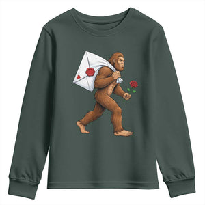 Funny Valentine Bigfoot with Heart Sack Bag Youth Sweatshirt Romantic Sasquatch Love Letter Valentines Day TS02 Dark Forest Green Print Your Wear