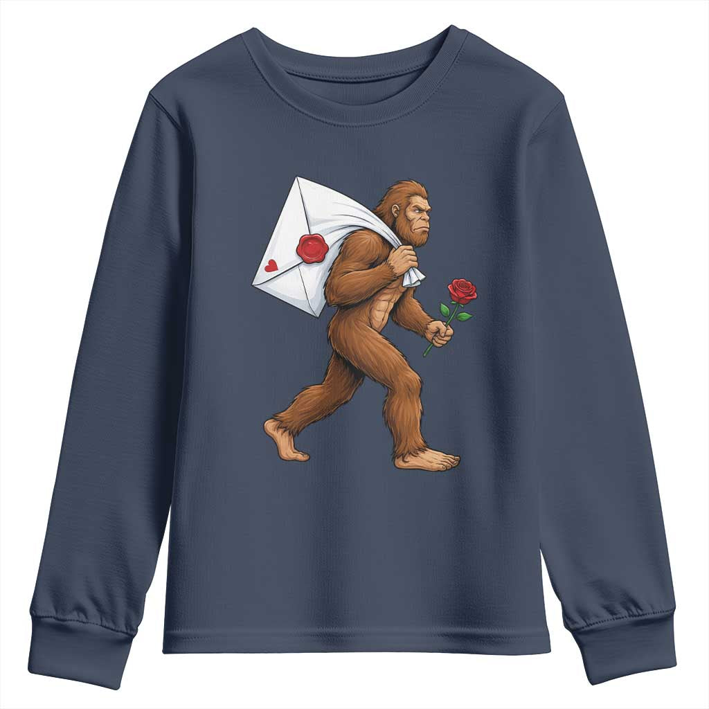 Funny Valentine Bigfoot with Heart Sack Bag Youth Sweatshirt Romantic Sasquatch Love Letter Valentines Day TS02 Navy Print Your Wear