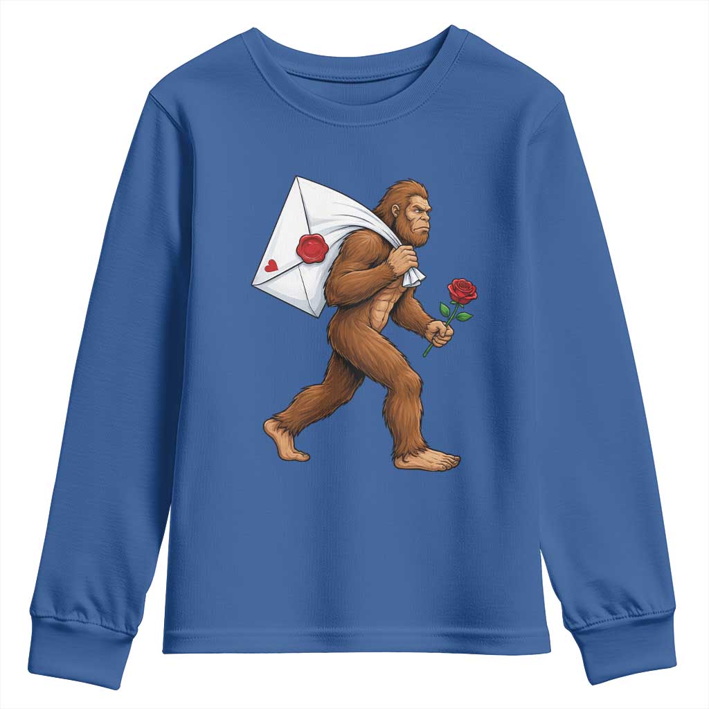 Funny Valentine Bigfoot with Heart Sack Bag Youth Sweatshirt Romantic Sasquatch Love Letter Valentines Day TS02 Royal Blue Print Your Wear