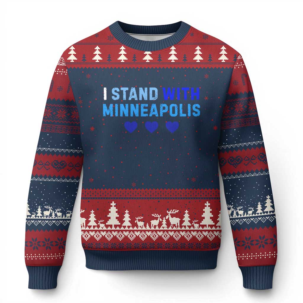 I Stand With Minneapolis Ugly Christmas Sweater Blue Heart Solidarity Support Minnesota Strong TS02 Navy Red Print Your Wear