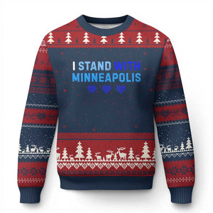 I Stand With Minneapolis Ugly Christmas Sweater Blue Heart Solidarity Support Minnesota Strong TS02 Navy Red Print Your Wear