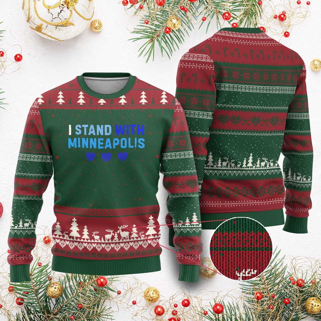 I Stand With Minneapolis Ugly Christmas Sweater Blue Heart Solidarity Support Minnesota Strong TS02 Red Green Print Your Wear
